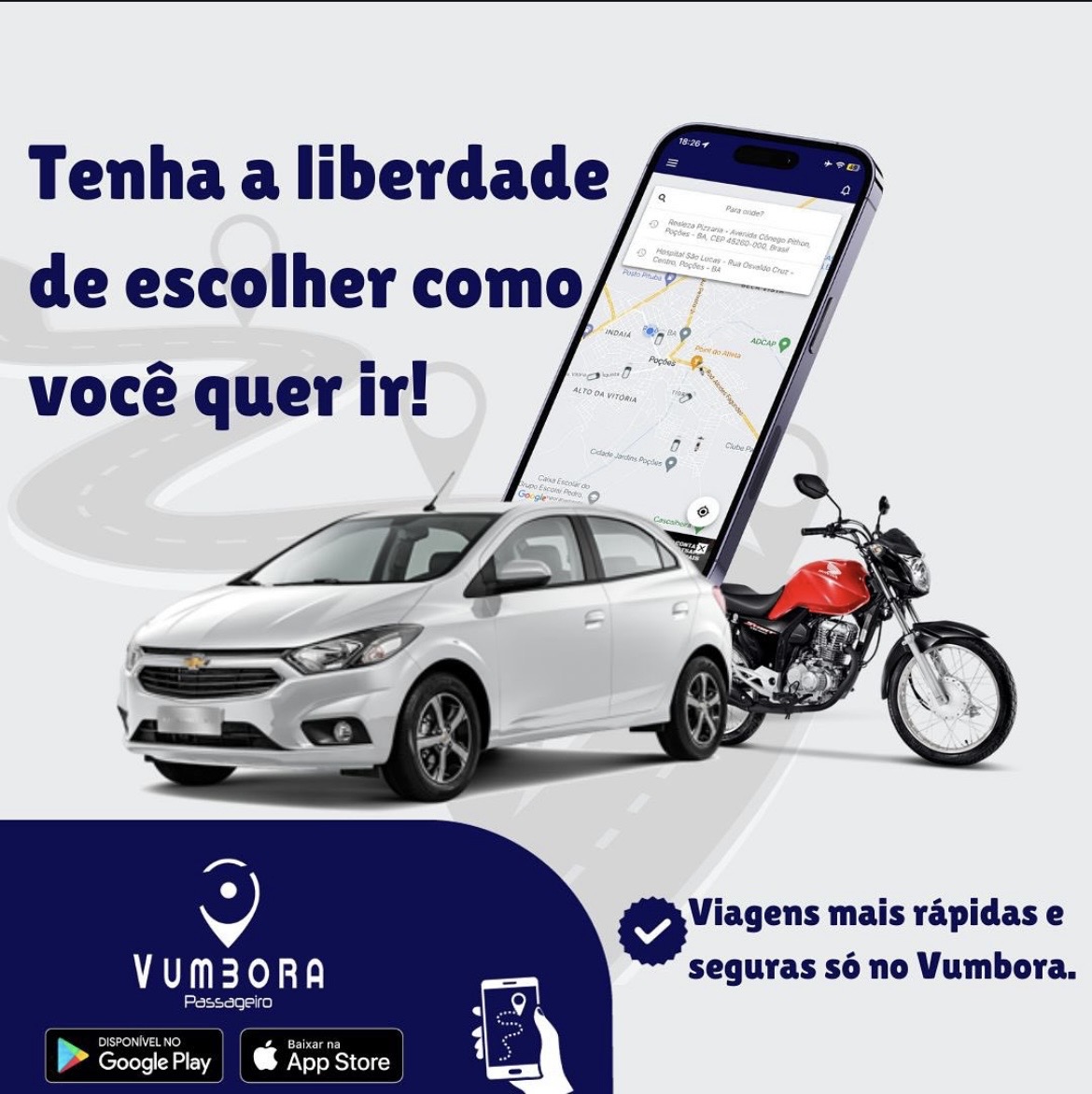 Carro, moto e tela do aplicativo Vumbora Passageiro