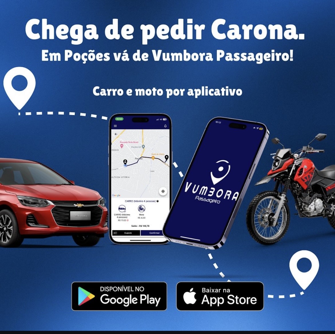 Aplicativo Vumbora Passageiro com opções de carro e moto